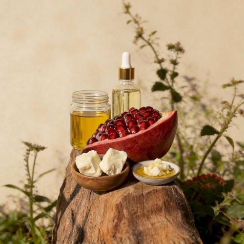A rustic skincare setup on a tree stump: honey, a dropper bottle, red fruit in a half-slice of watermelon, and small bowls of cream and butter, outdoors.
