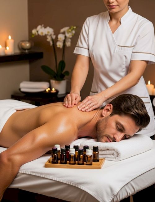 Relaxing spa scene: a therapist gives a back massage with essential oils; candles glow, towels rolled, and bottles await.
