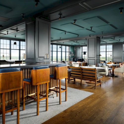 A stylish, airy lounge/bar area with wooden stools, high chairs at a counter, and cozy seating&mdash;bright windows, warm wood tones, modern yet comfy vibe.